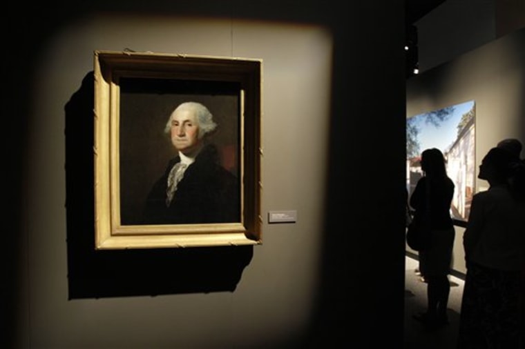 In this Thursday, Sept. 9, 2010 photo, a portrait of George Washington by Gilbert Stuart is seen in the \"Discover the Real George Washington: New Views from Mount Vernon,\"  exhibit at the N.C. Museum of History in Raleigh, N.C.    (AP Photo/Gerry Broome)